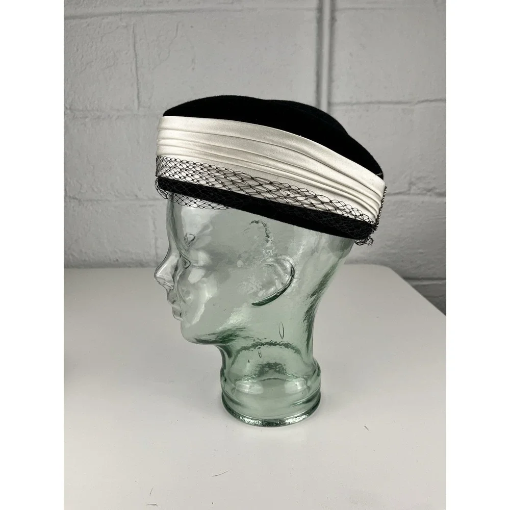 Vintage Pillbox Hat Satin Ribbon Black Ivory Rhinestone Accent Netting Wanamaker